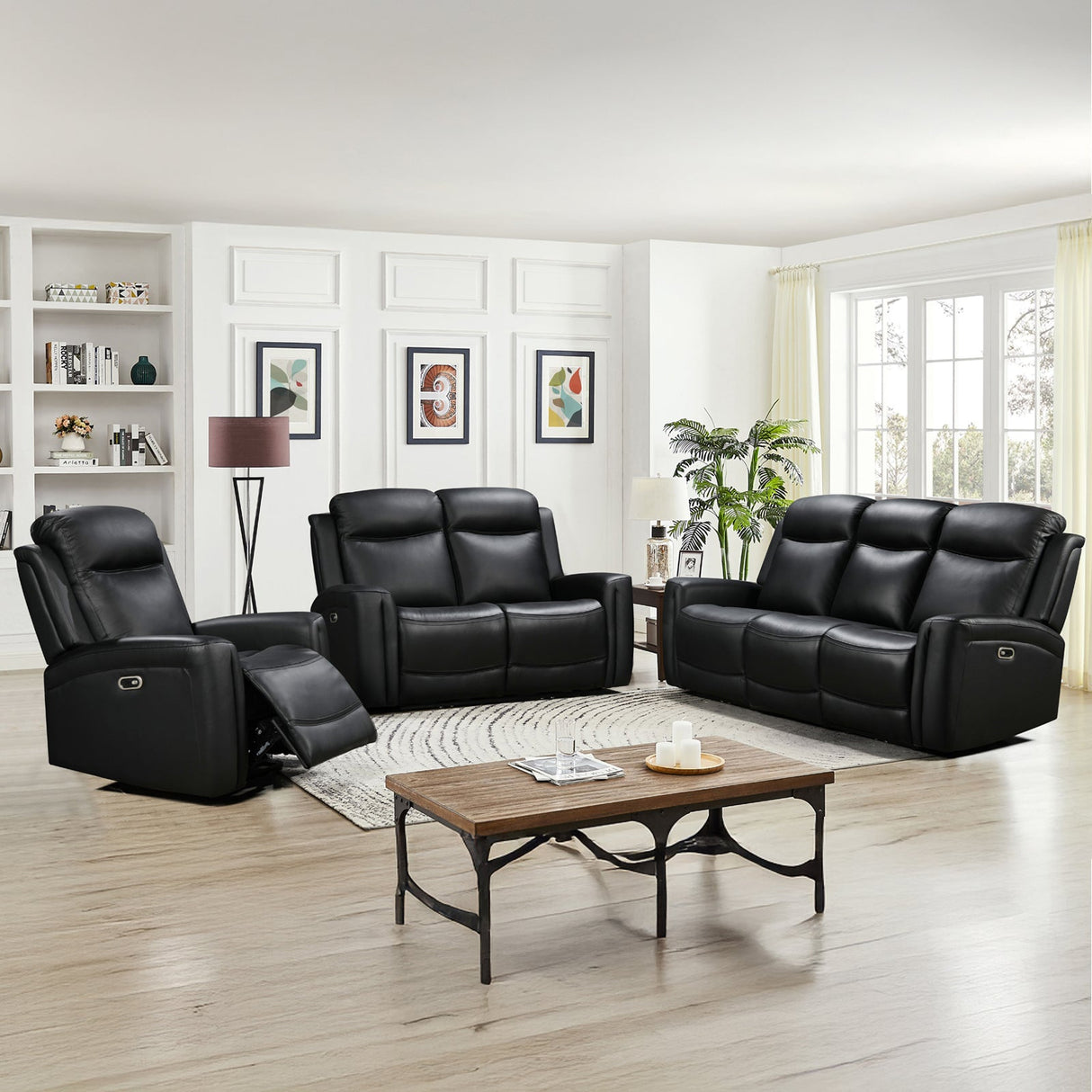 3-2 Seater Electric Leather/PVC Black Recliner Set