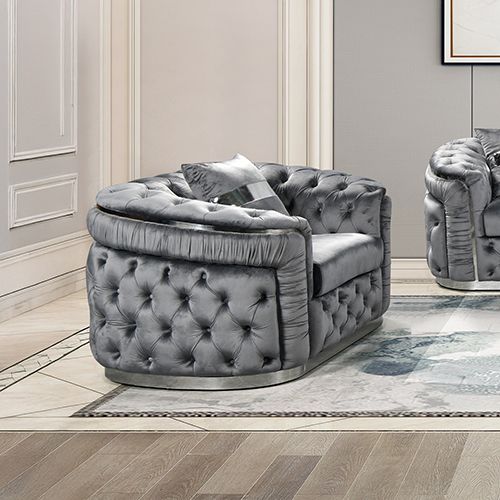 1 Seater Sofa Grey Velvet Fabric Solid Wood construction Silver Stainless Steel Trim