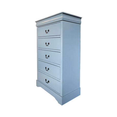 Tallboy with 5 Storage Drawers in Solid Wooden Metal Handles Grey Colour