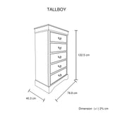 Tallboy with 5 Storage Drawers in Solid Wooden Metal Handles Grey Colour