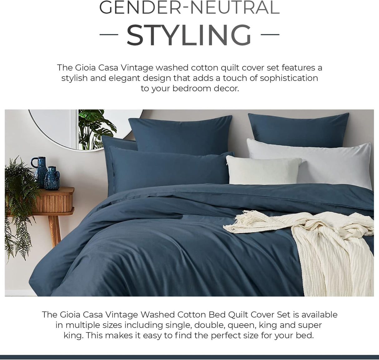 100% Cotton Vintage Washed Bed Quilt Cover Set - Dark Indigo - Single