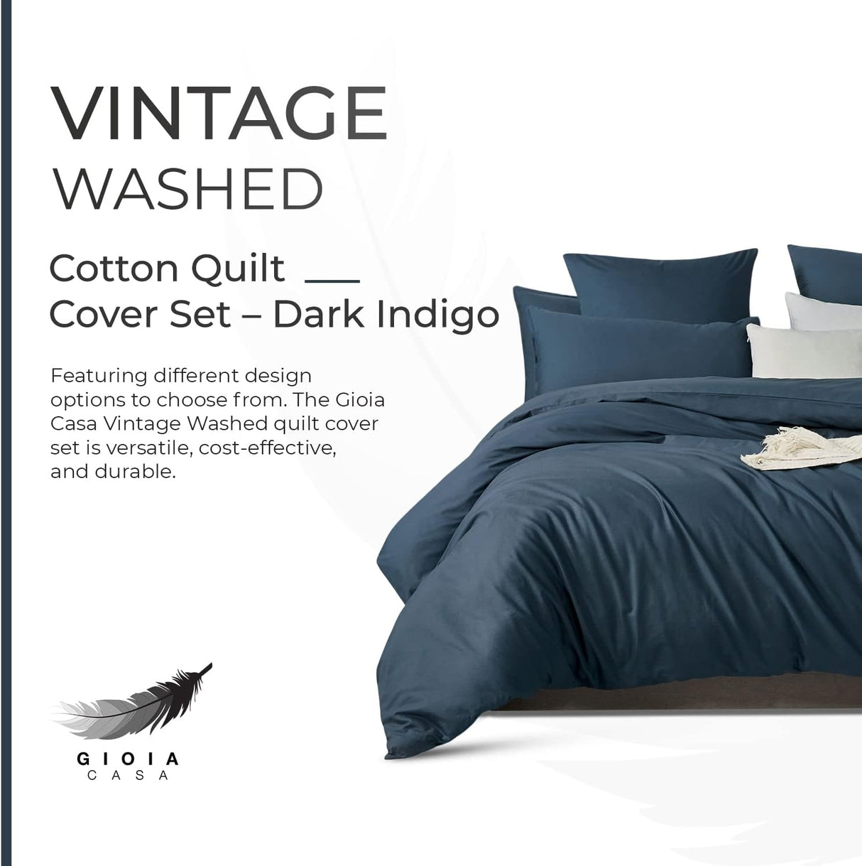 100% (3Pcs) Cotton Vintage Washed Bed Quilt Cover Set - Dark Indigo - Double Size