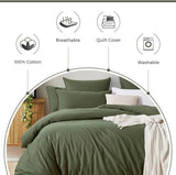 100% Cotton Vintage Washed Bed Quilt Cover Set (3Pcs) - Khaki Green - Double Size