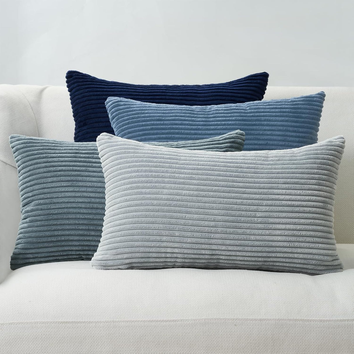 Corduroy Velvet Cushion Covers - Soft Velvet Fabric with Hidden Zipper - Stylish Mix of Blue Shades, 30cm x 50cm (Pack of 4)
