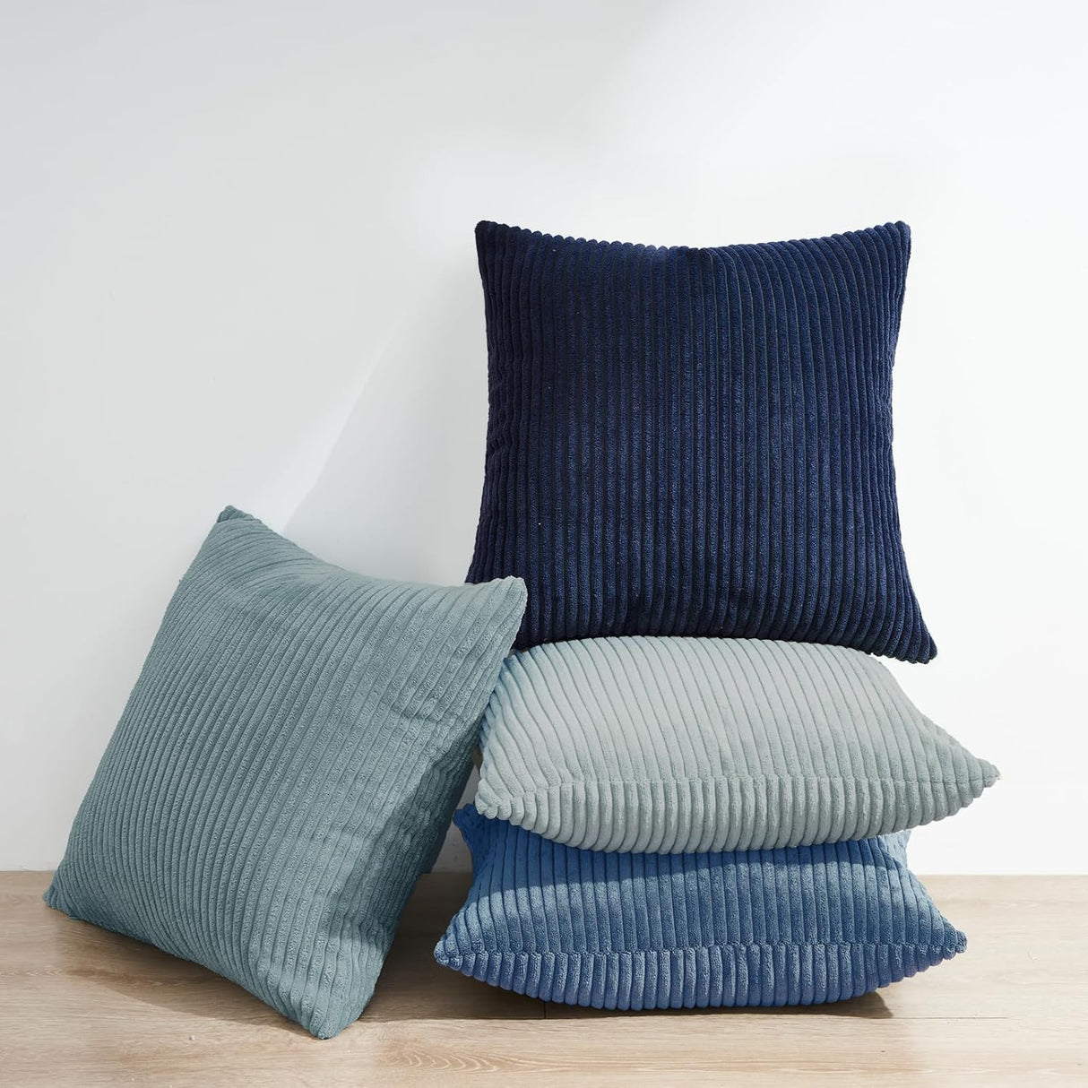 Corduroy Velvet Cushion Covers - Soft Velvet Fabric with Hidden Zipper - Stylish Mix of Blue Shades, 45cm x 45cm (Pack of 4)