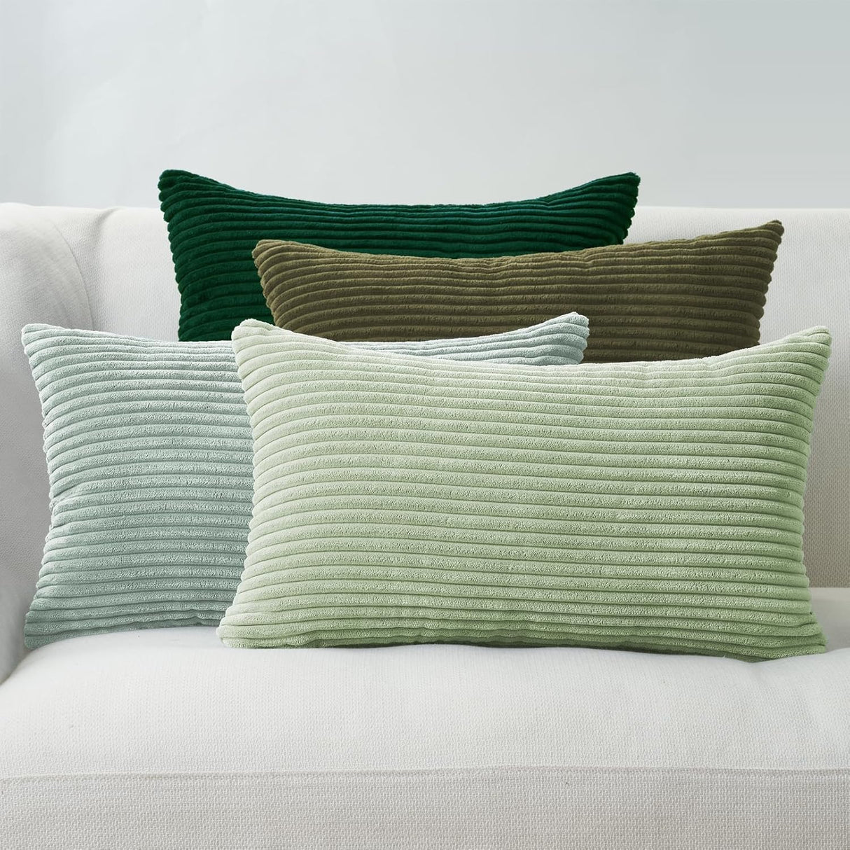 Corduroy Velvet Cushion Covers - Soft Velvet Fabric with Hidden Zipper - Stylish Mix of Green Shades, 30cm x 50cm (Pack of 4)