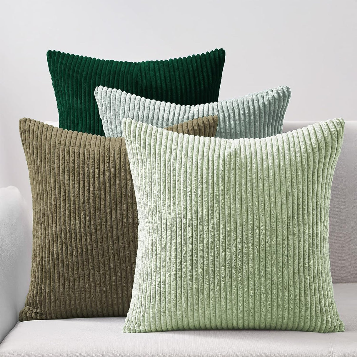 Corduroy Velvet Cushion Covers - Soft Velvet Fabric with Hidden Zipper - Stylish Mix of Green Shades, 45cm x 45cm (Pack of 4)