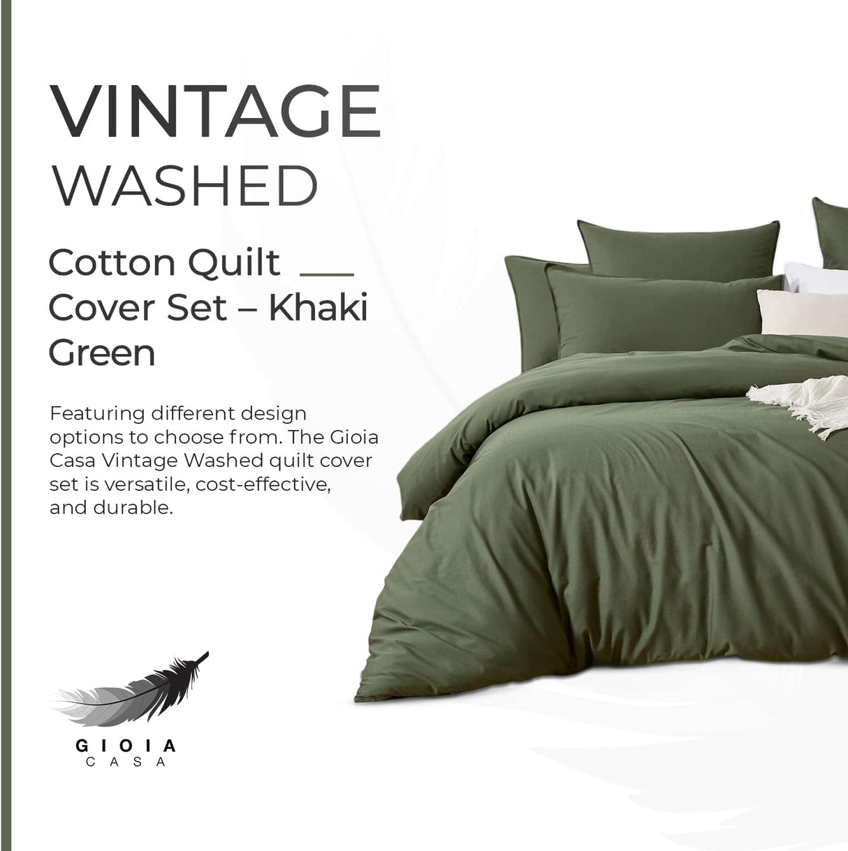 100% (3Pcs) Cotton Vintage Washed Bed Quilt Cover Set - Khaki Green - Queen Size