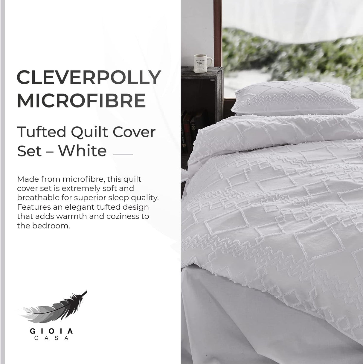 100% Premium Tufted Microfibre Quilt Cover Set - Ultra-Soft, Durable Embroidery Bedding Comforter Set - Machine Washable & Zipper Closure - White - King