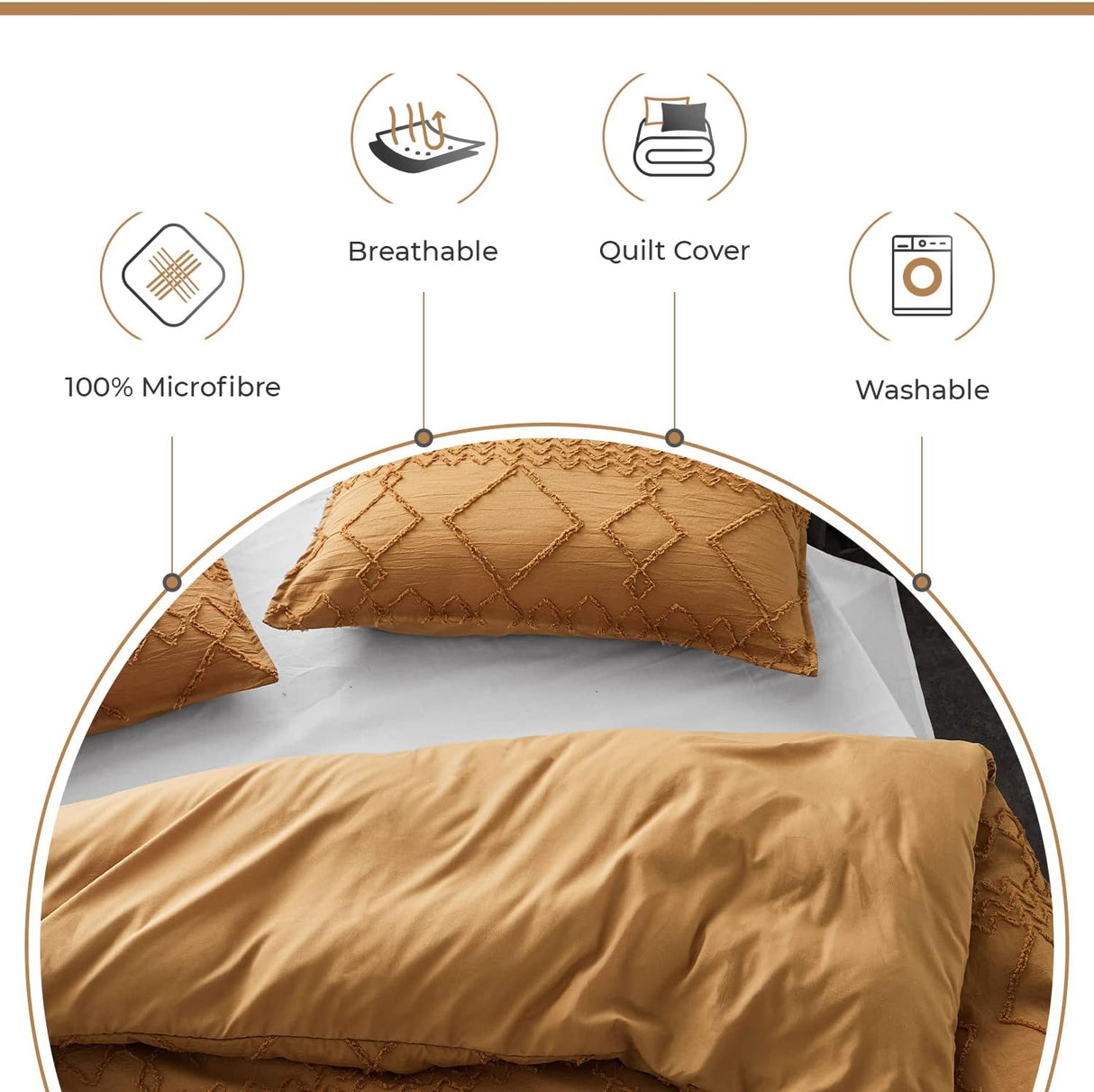 100% Premium Tufted Microfibre Quilt Cover Set - Ultra-Soft, Durable Embroidery Bedding Comforter Set - Machine Washable & Zipper Closure - Caramel - Super King