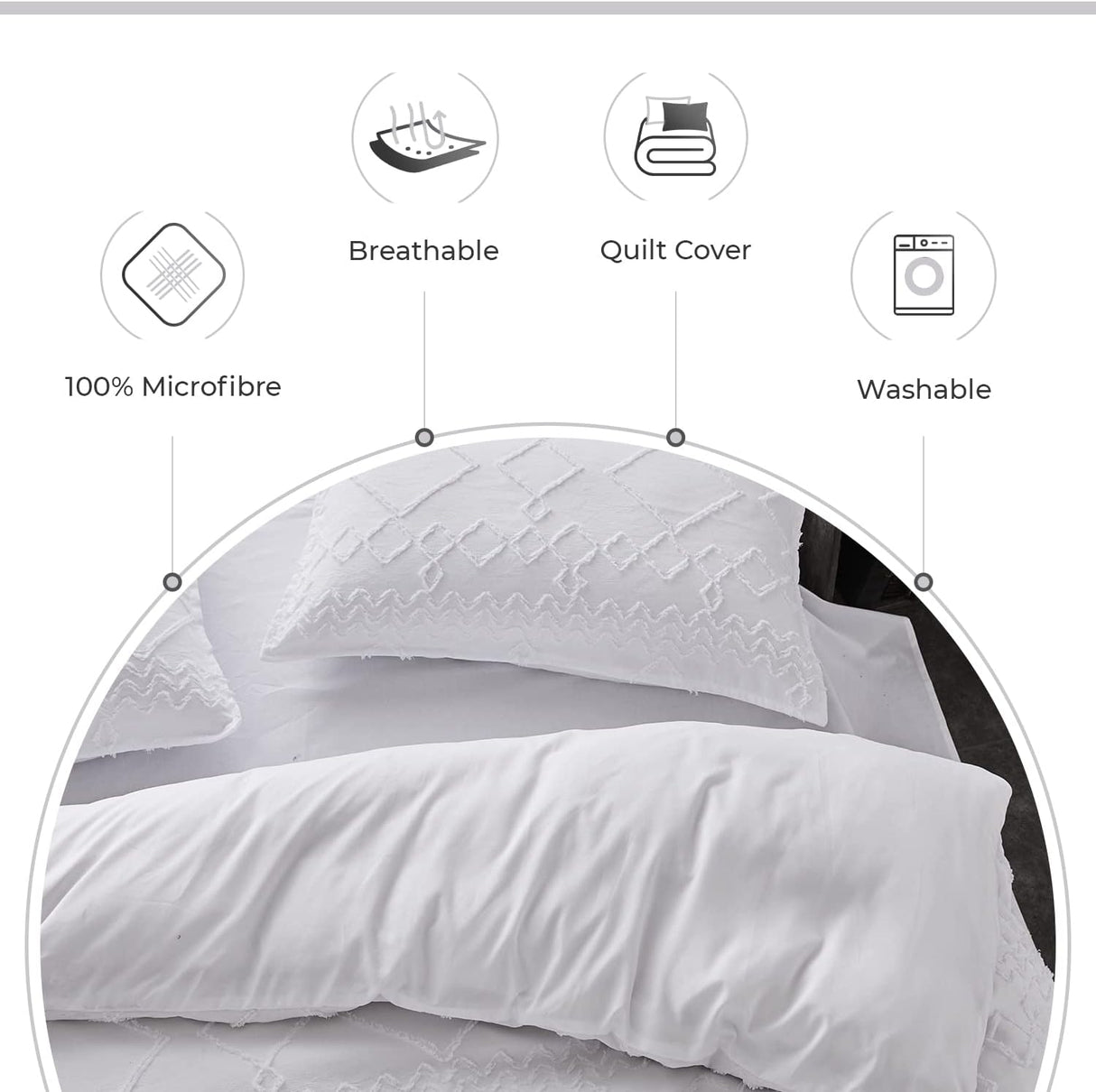 100% Premium Tufted Microfibre Quilt Cover Set - Ultra-Soft, Durable Embroidery Bedding Comforter Set - Machine Washable & Zipper Closure - White - Super King