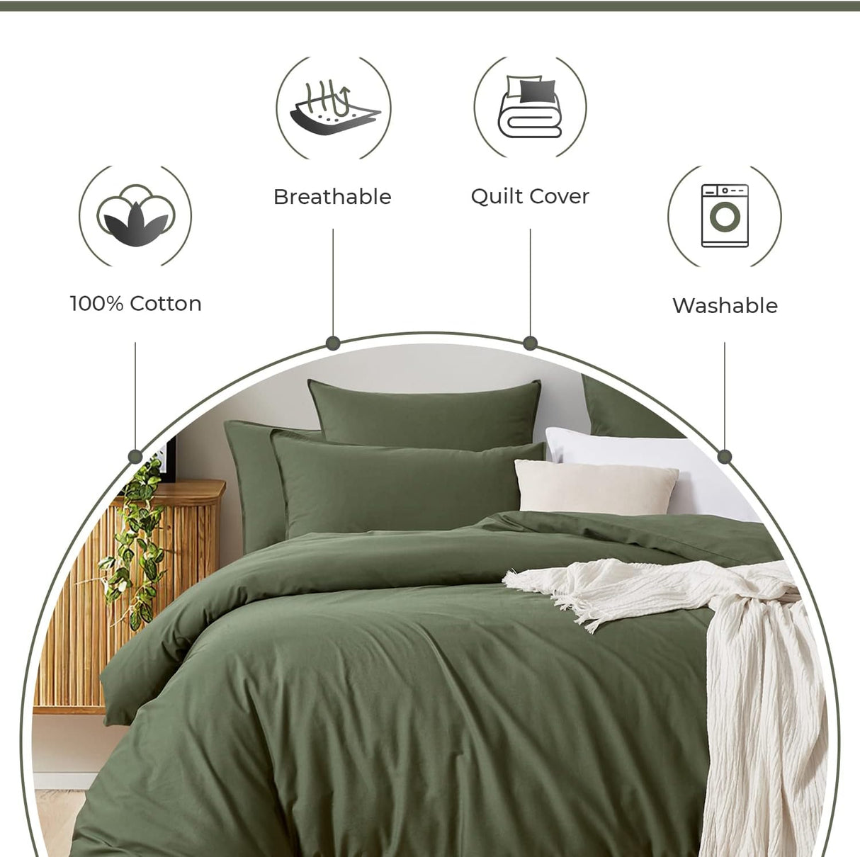 100% (3Pcs) Cotton Vintage Washed Bed Quilt Cover Set - Khaki Green - Super King Size