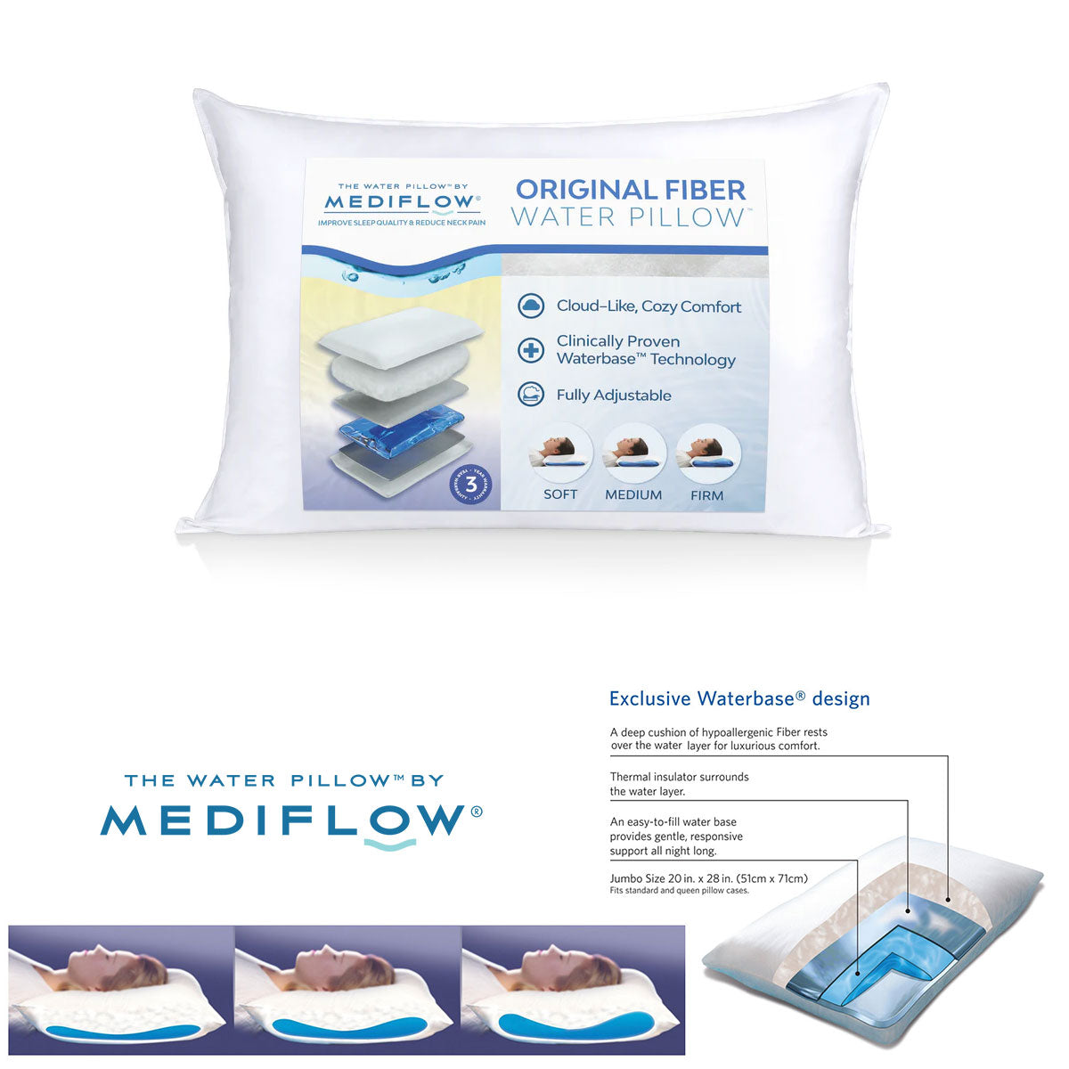 Mediflow Adjustable Waterbase Water Neck Pain Reduction Standard Pillow 51 x 71 cm