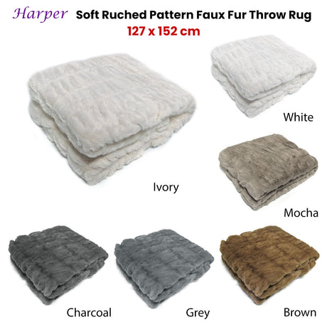 Harper Soft Ruched Pattern Faux Fur Throw Rug 127 x 152 cm Charcoal