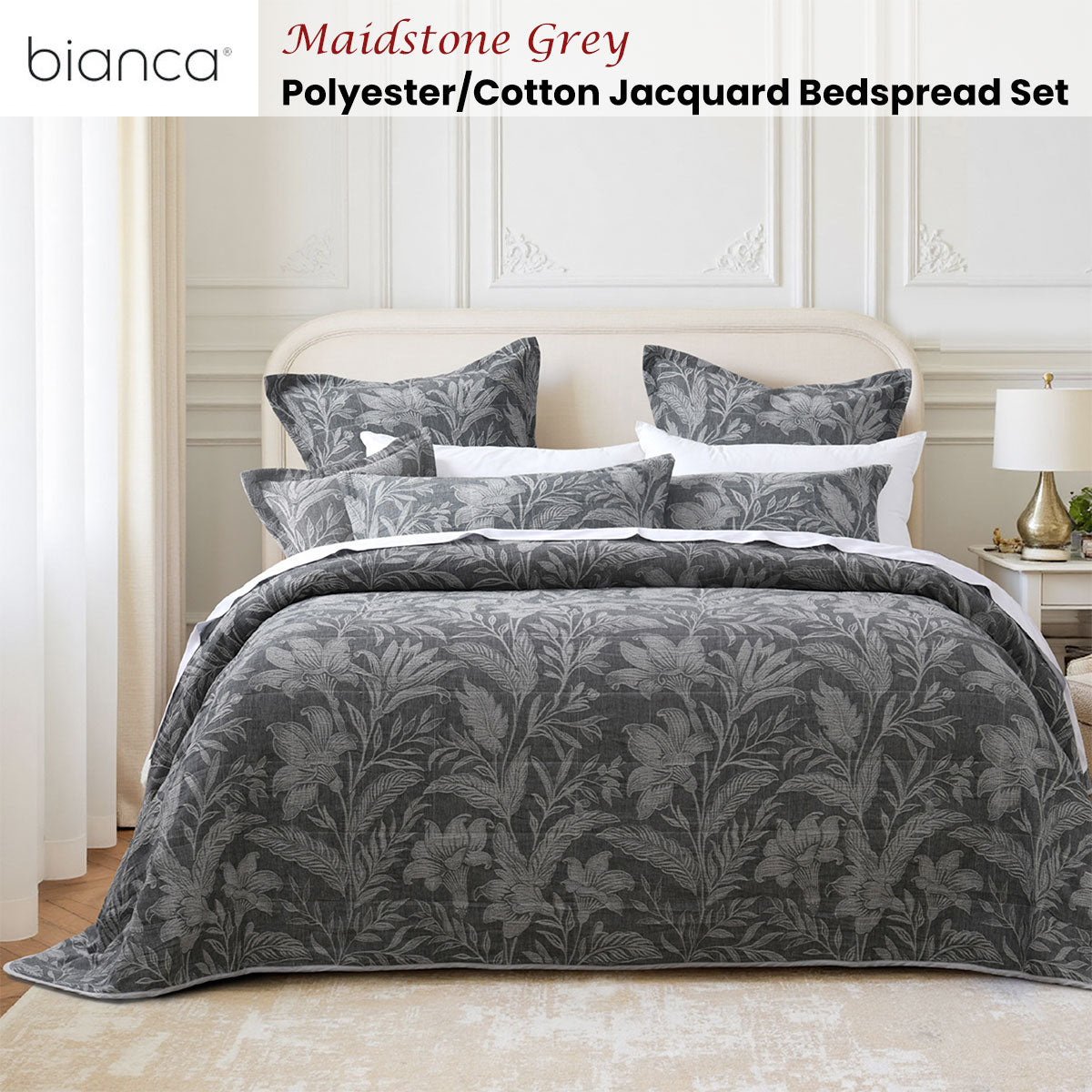 Bianca Maidstone Grey Floral Jacquard Bedspread Set King