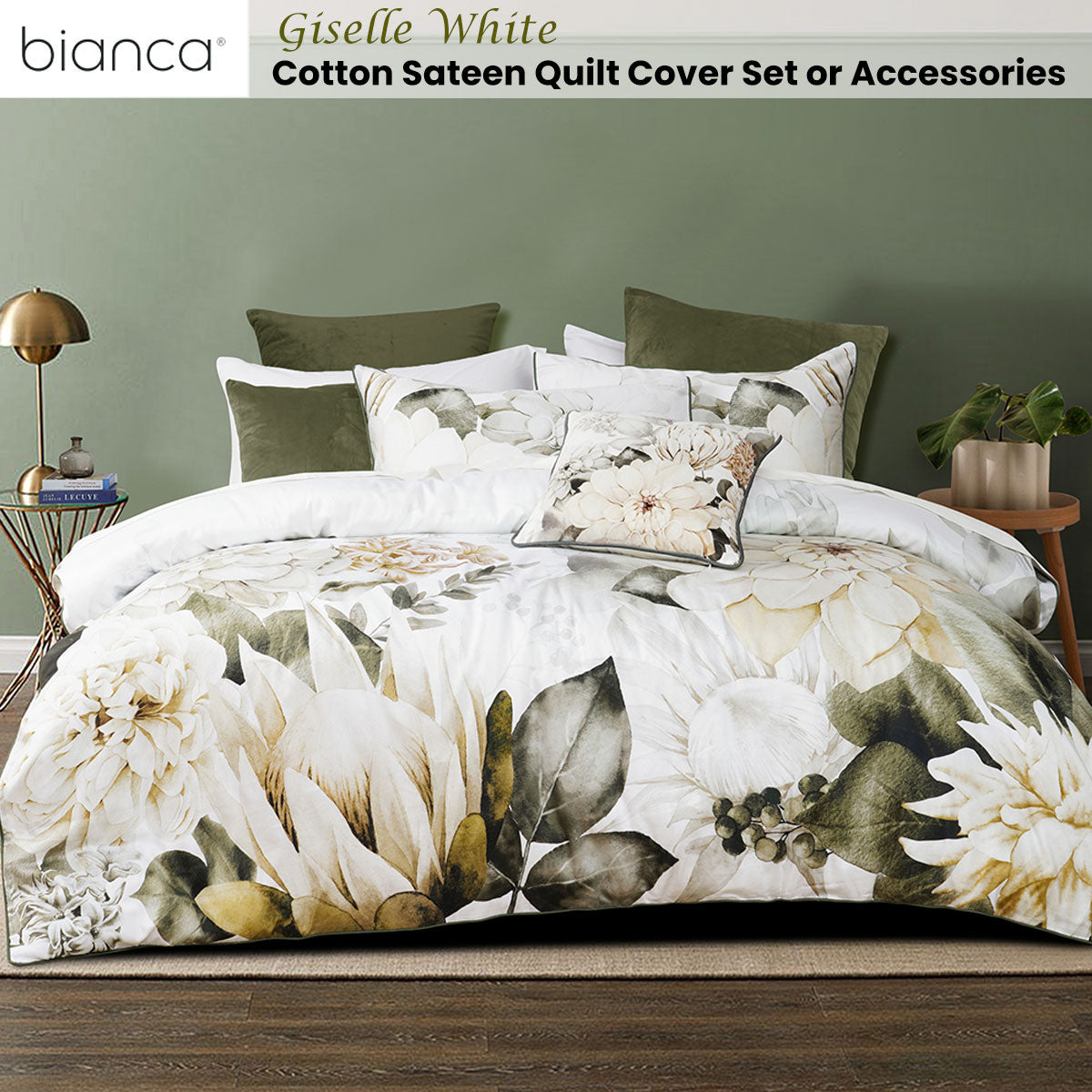 Bianca Giselle White Cotton Sateen Quilt Cover Set Queen