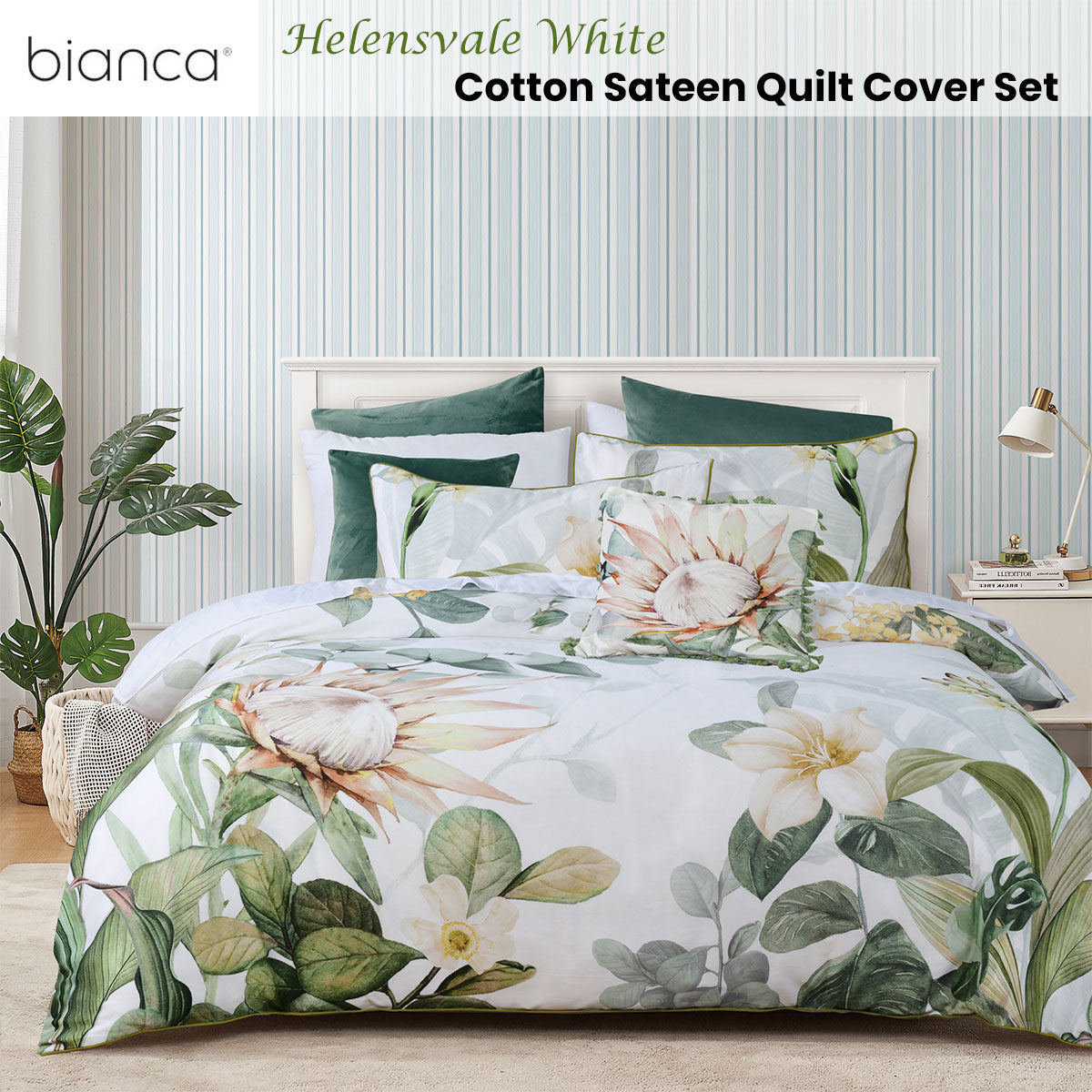 Bianca Helensvale White Floral Cotton Sateen Quilt Cover Set Double