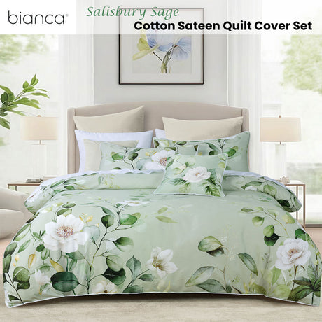 Bianca Salisbury Sage Floral Cotton Sateen Quilt Cover Set Queen