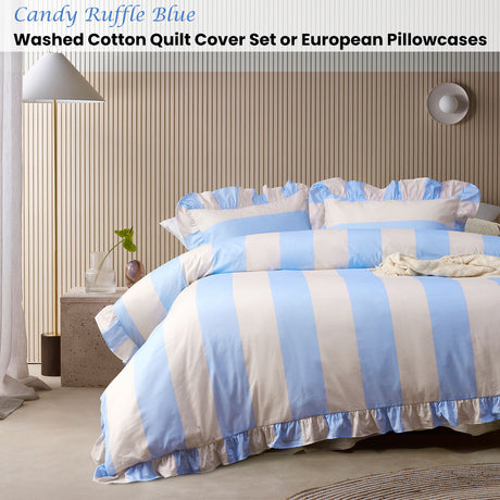 Vintage Design Homewares Candy Ruffle Blue Striped Washed Cotton Quilt Cover Set Queen