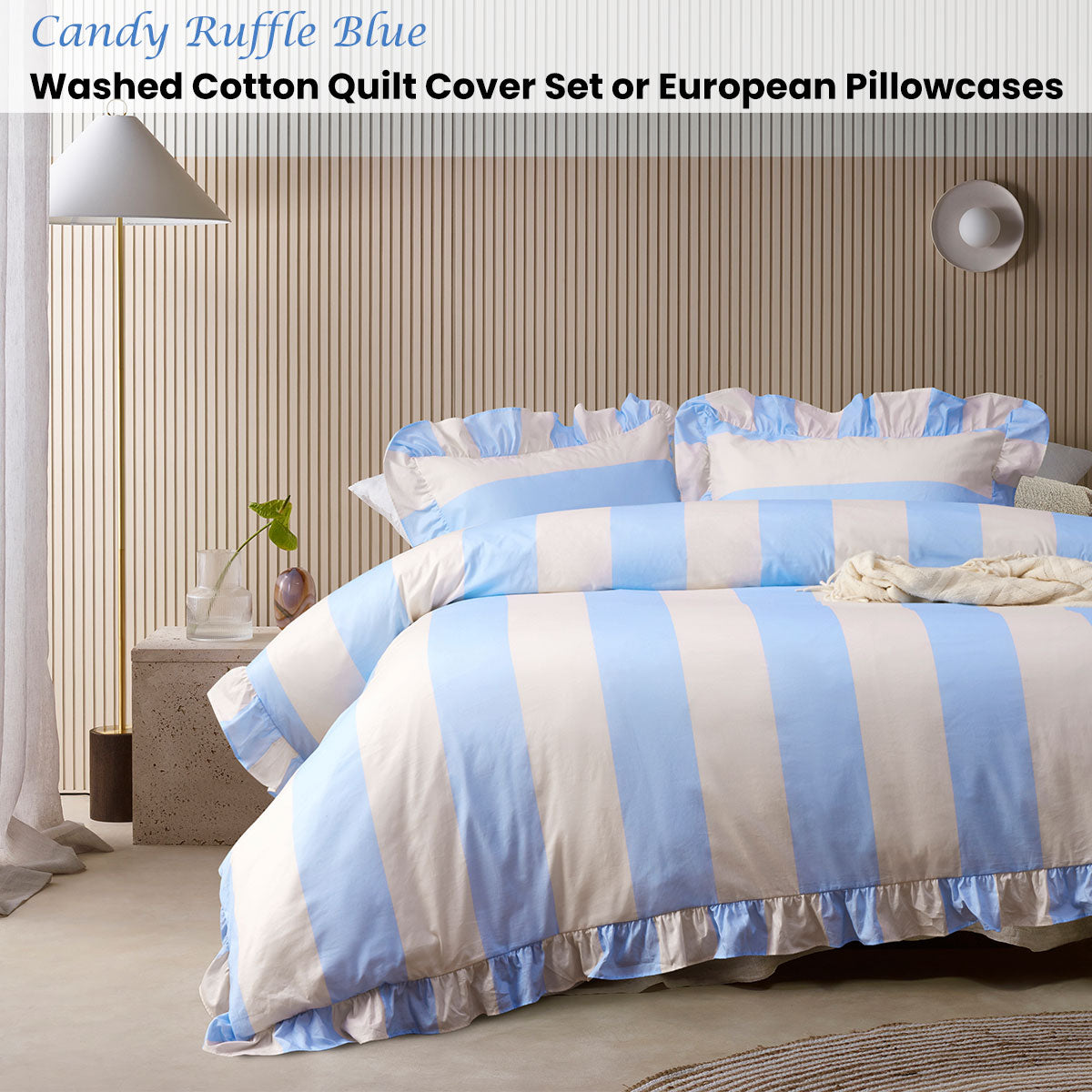Vintage Design Homewares Candy Ruffle Blue Striped Washed Cotton Quilt Cover Set Super King