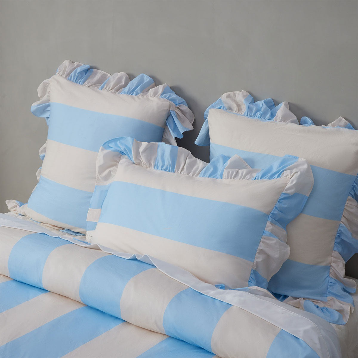 Vintage Design Homewares Candy Ruffle Blue Striped Washed Cotton Quilt Cover Set Super King