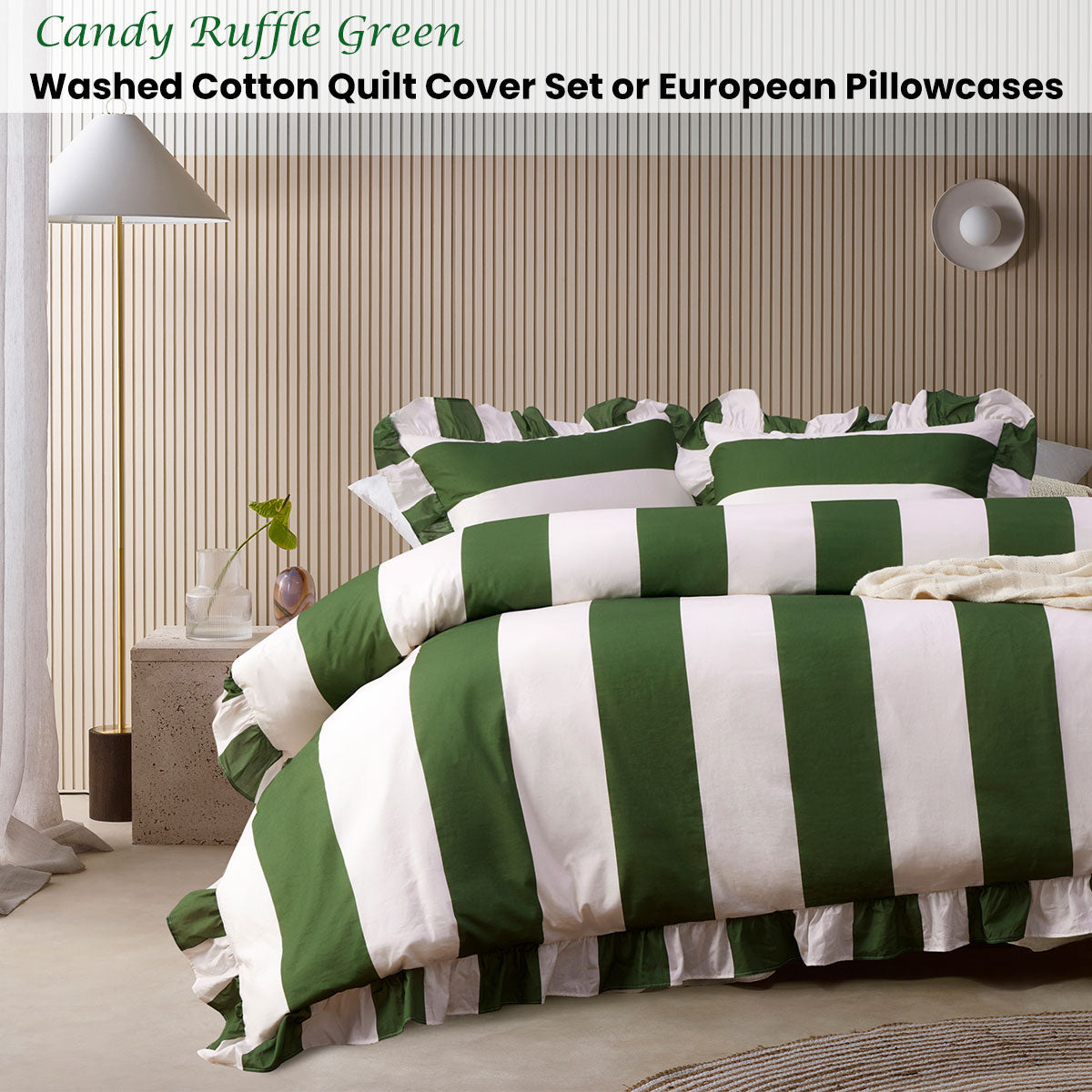 Vintage Design Homewares Candy Ruffle Green Striped Washed Cotton Quilt Cover Set King