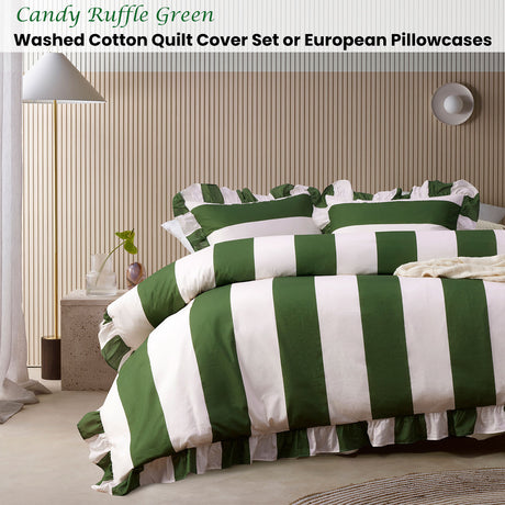 Vintage Design Homewares Candy Ruffle Green Striped Washed Cotton Quilt Cover Set Super King