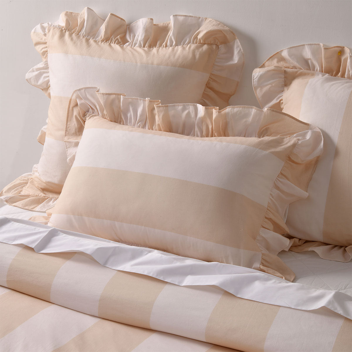 Vintage Design Homewares Candy Ruffle Natural Striped Washed Cotton Quilt Cover SetSuper King