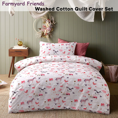 Happy Kids Farmyard Friends Washed Quilt Cover Set Double