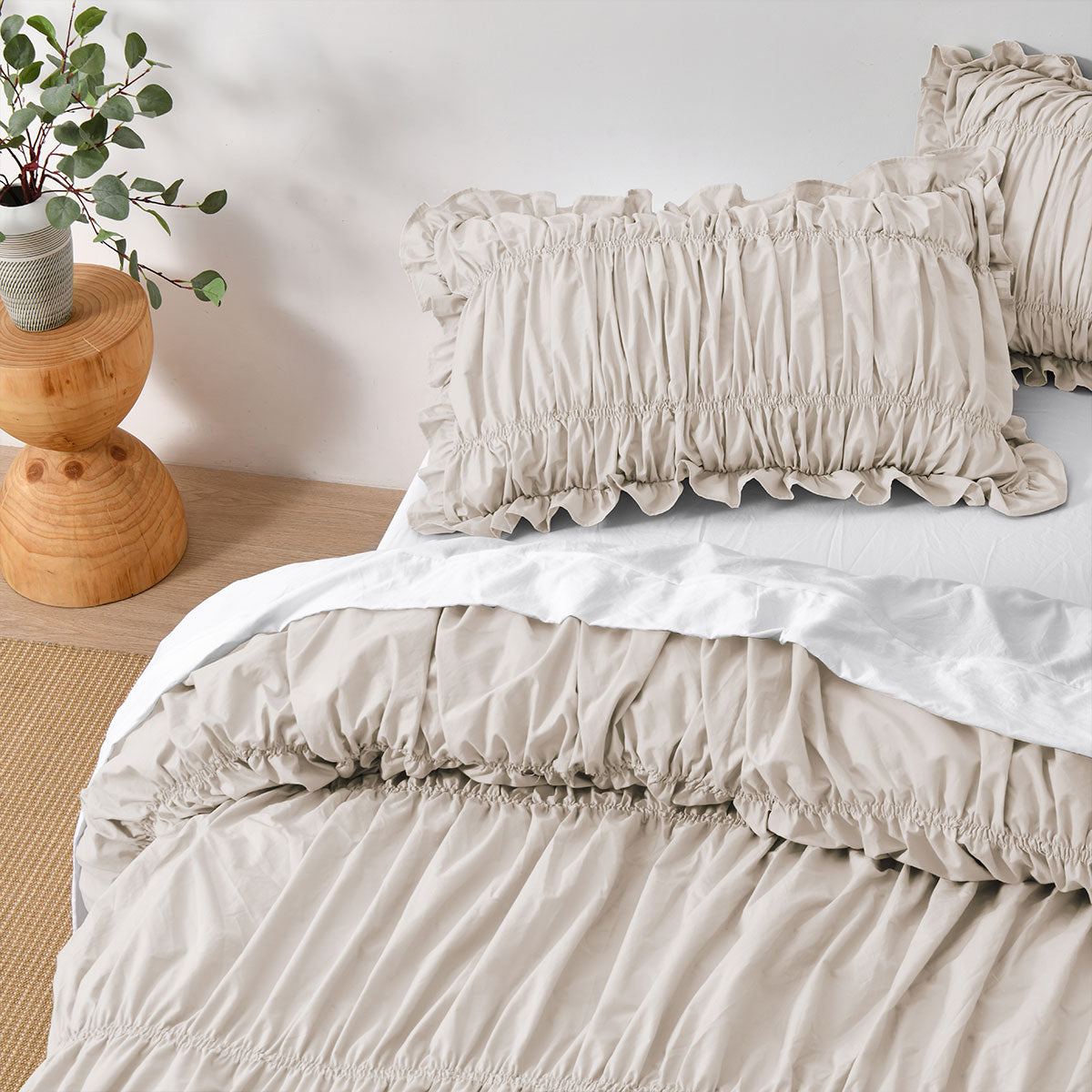 Vintage Design Homewares Haven Natural Washed Cotton Ruched Quilt Cover Set Double