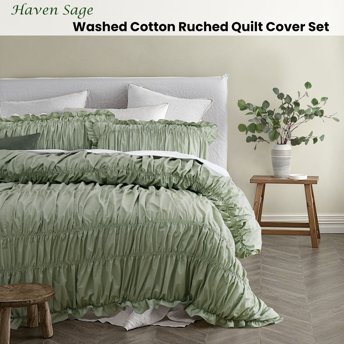 Vintage Design Homewares Haven Sage Washed Cotton Ruched Quilt Cover Set Queen