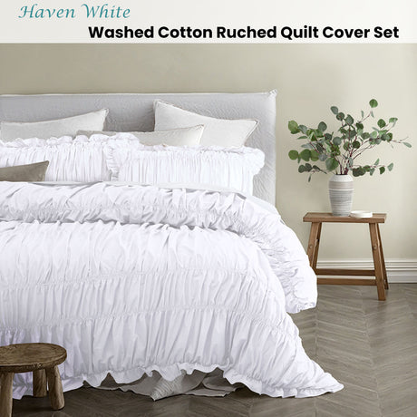 Vintage Design Homewares Haven White Washed Cotton Ruched Quilt Cover Set King
