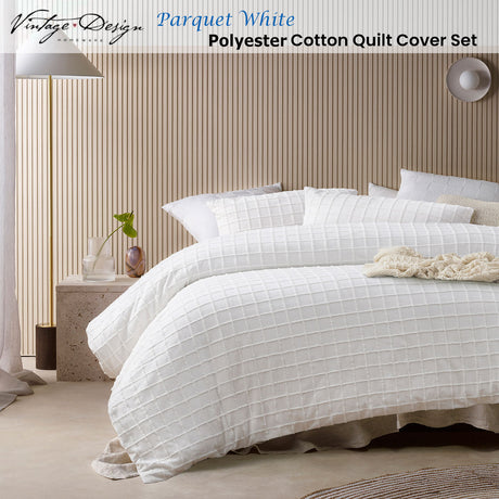 Vintage Design Homewares Parquet White Polyester Cotton Quilt Cover Set Double
