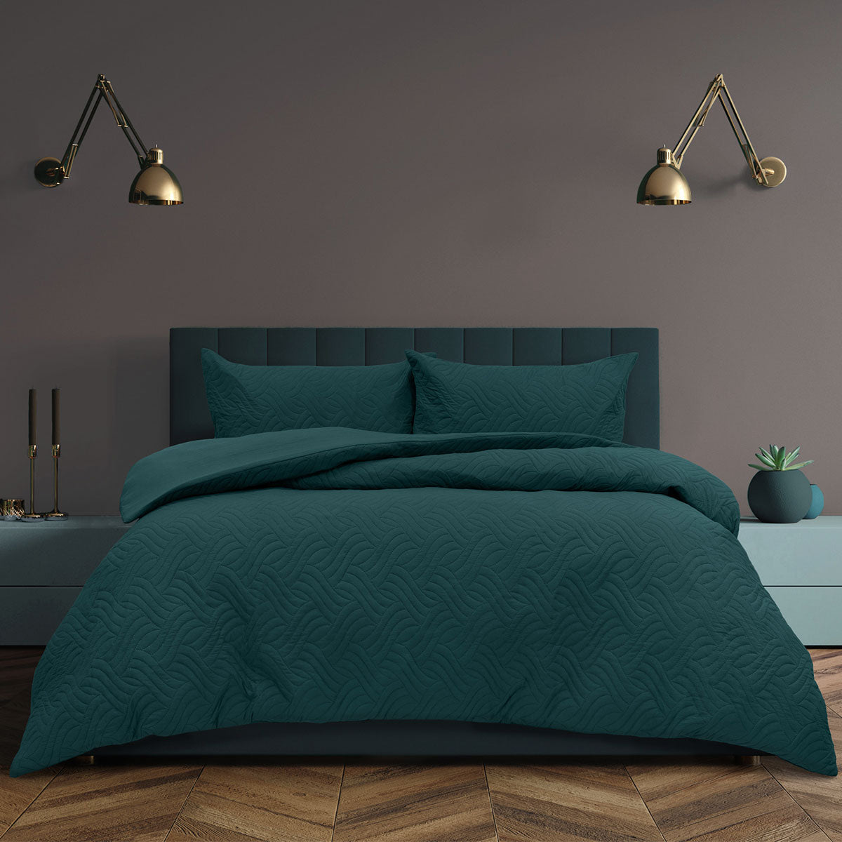 Ardor Asher Deep Teal Embossed Vintage Washed Quilt Cover Set Queen