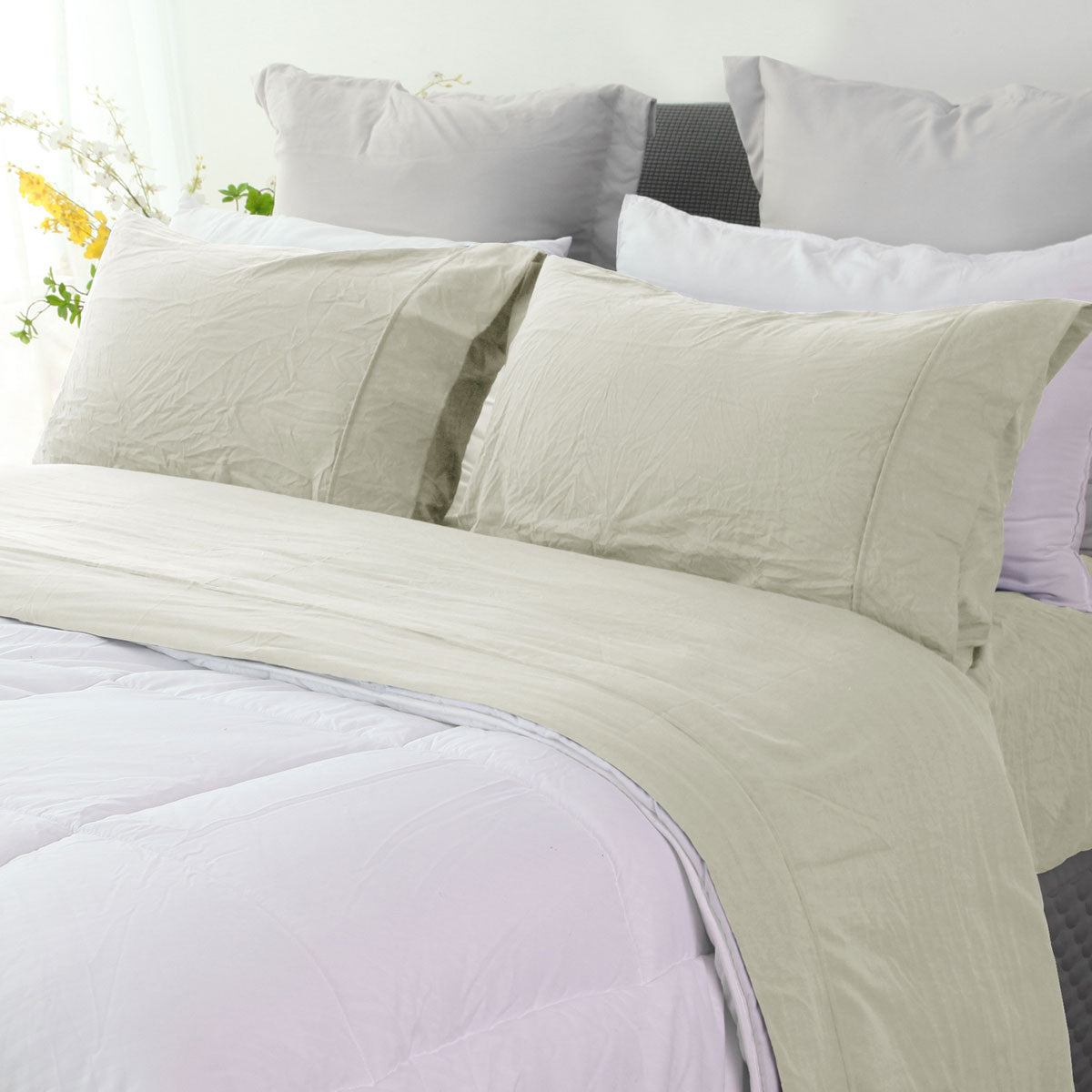 Ramesses Oatmeal Pebble Wash Linen Look Alternative Sheet Set Single