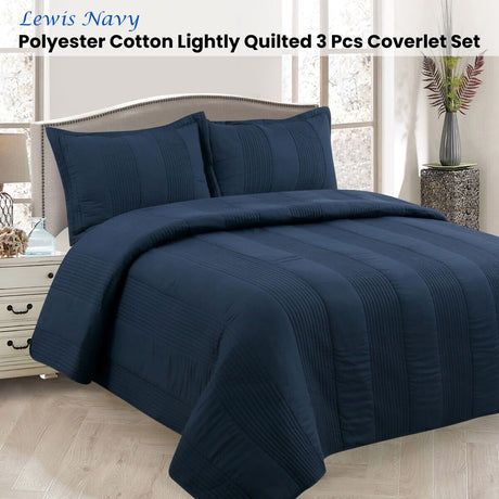 Lewis Navy 3 Pce Lightly Quilted Polyester Cotton Coverlet Set Queen