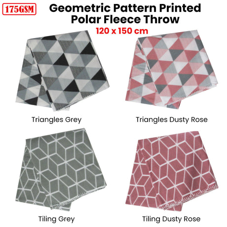 Triangles 175GSM Geometric Pattern Printed Polar Fleece Throw Rug 120 x 150cm Grey