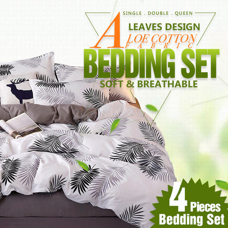 Palm Leaves Pattern Aloe Cotton Flat Sheet Quilt Cover Pillowcases 4pcs Bedding Set (Queen)