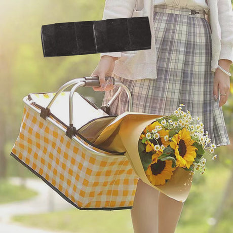 Collapsible Outdoor Camping Portable Insulated Picnic Basket Camping Picnic Ice Pack(Red Grid)