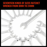 17Pc Ratchet Spanner Set Metric Combination Wrenches Open End Ring CR-V 8-24mm