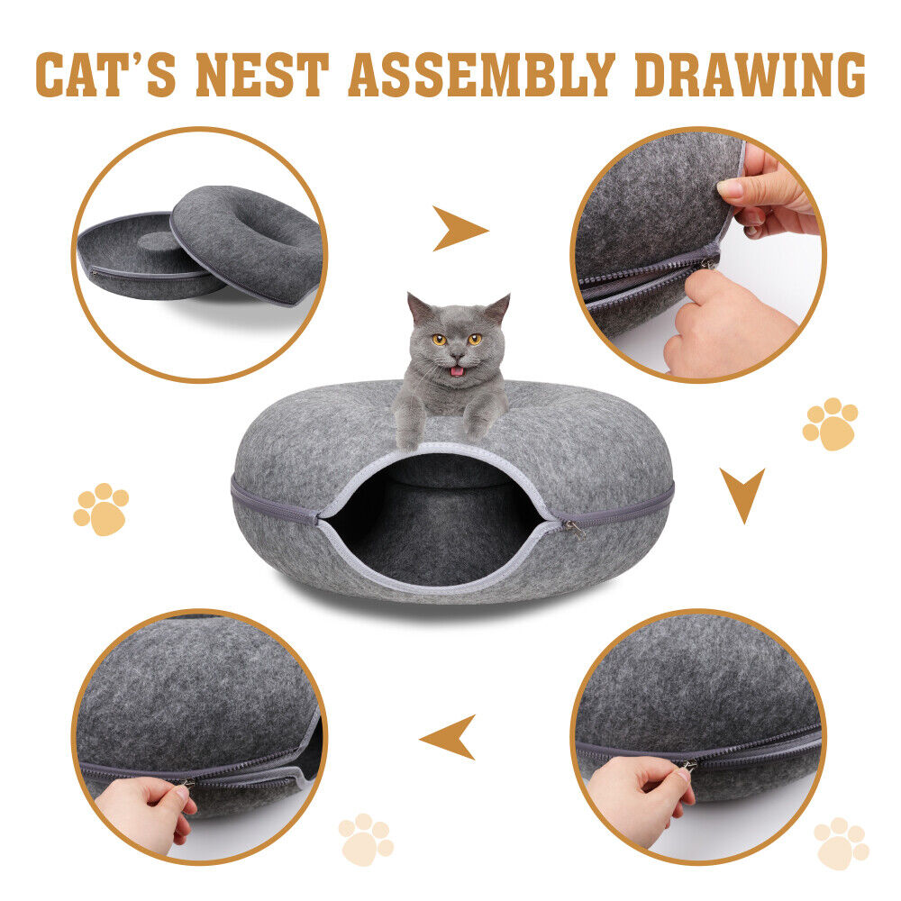 Dark Grey Cat Tunnel Bed Felt Pet Puppy Nest Cave House Toy Washable Detachable