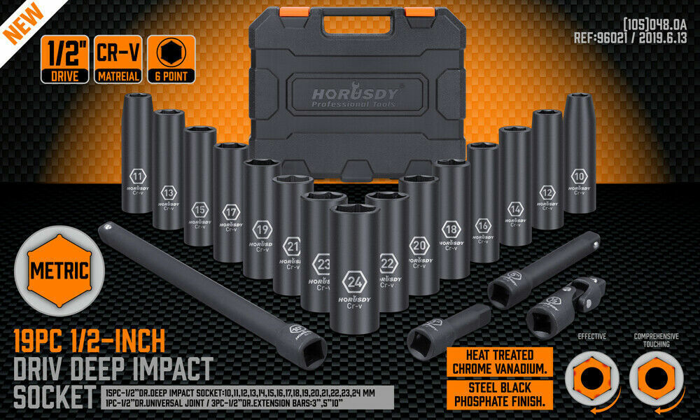 19Pc Deep Socket Set Impact 1/2" Drive Extension Bars Flexible Adapter 10-24mm