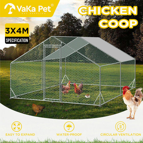 VaKa 3x4x1.95m Metal Walk-in Chicken Coop Rabbit Hutch Cage Hen House Chook Au