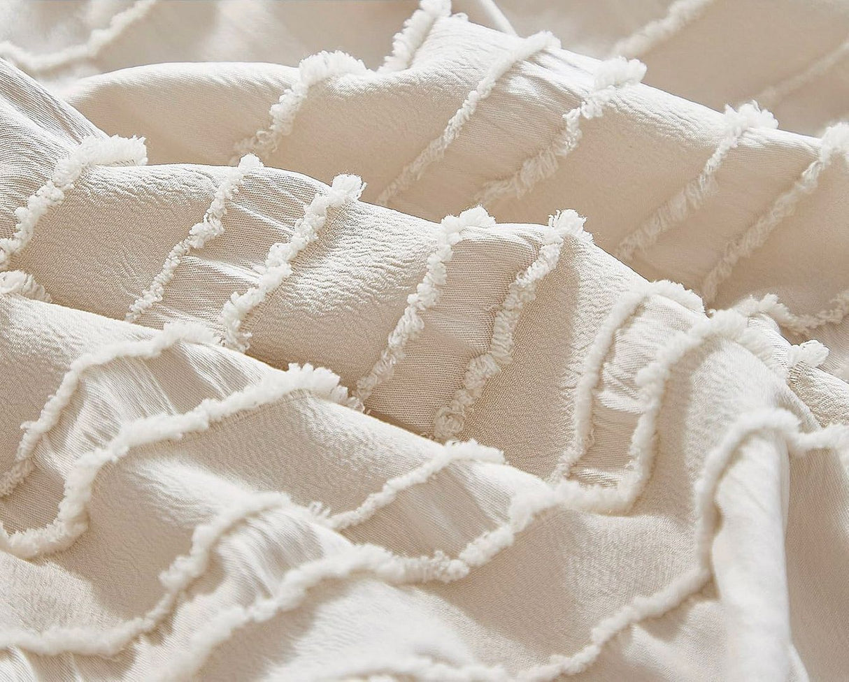 Tufted Boho Striped Embroidery Quilt/Doona/Duvet Cover Set - Super King Size