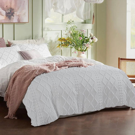 Tufted Boho Embroidery Quilt/Doona/Duvet Cover Set - White - King Size