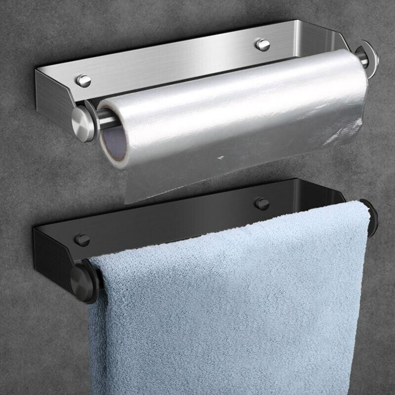 Paper Towel Holder Under Cabinet Wall Mount Stainless Steel Rack Kitchen - Black