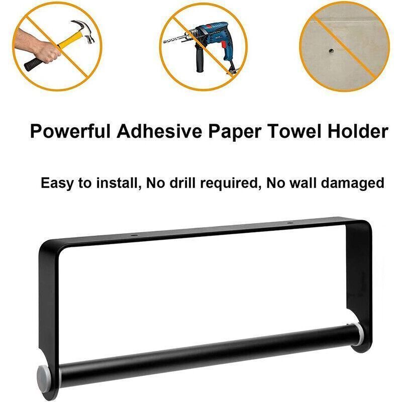 Paper Towel Holder Under Cabinet Wall Mount Stainless Steel Rack Kitchen - Black