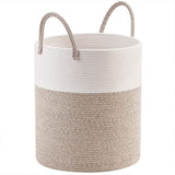 Woven Cotton Rope Storage Basket Foldable Laundry Bin Bamboo Clothes Organizer - White Brown