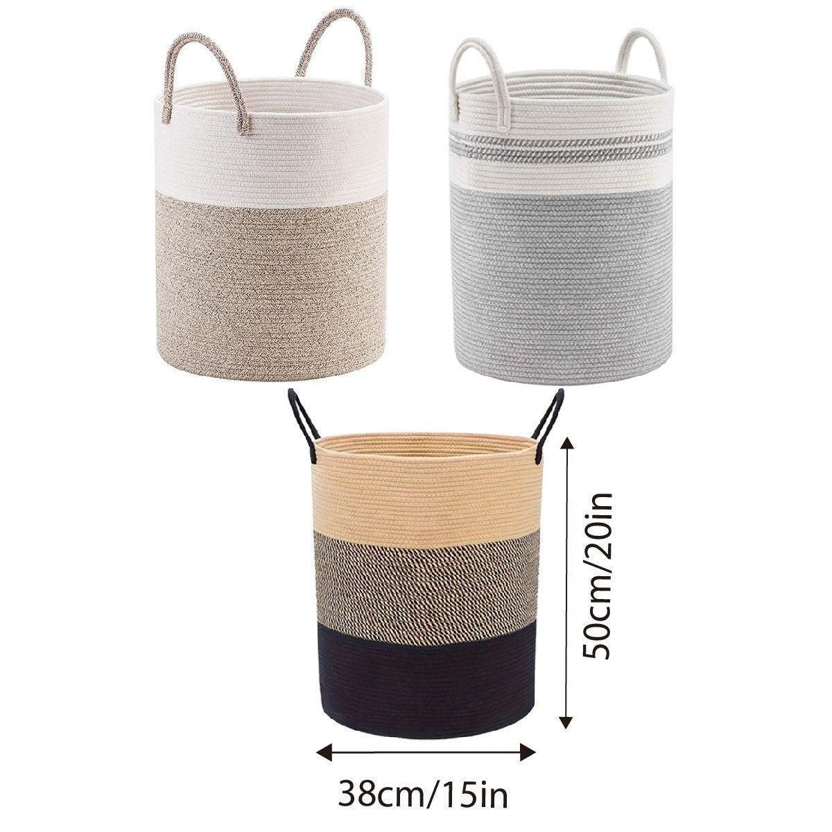 Woven Cotton Rope Storage Basket Foldable Laundry Bin Bamboo Clothes Organizer - White Brown