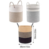 Woven Cotton Rope Storage Basket Foldable Laundry Bin Bamboo Clothes Organizer - White Brown